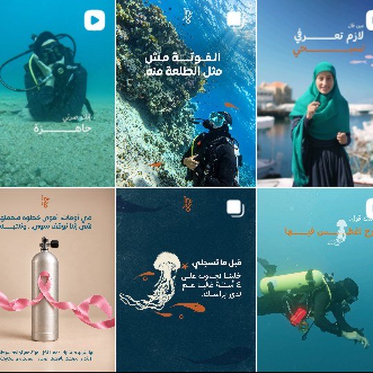 Inghimar Instagram feed: Arabic posts and reels for a women's diving academy in Tyre, with underwater photography