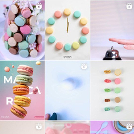 Macaron Secret Instagram feed with pastel macaron photography and reels