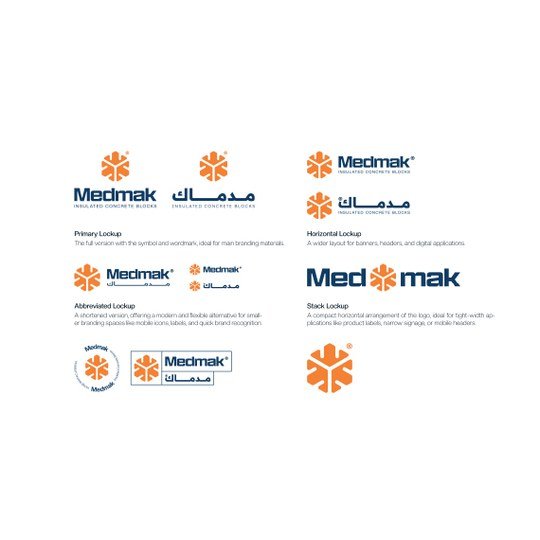 Medmak insulated concrete blocks logo lockups in orange and navy, English and Arabic