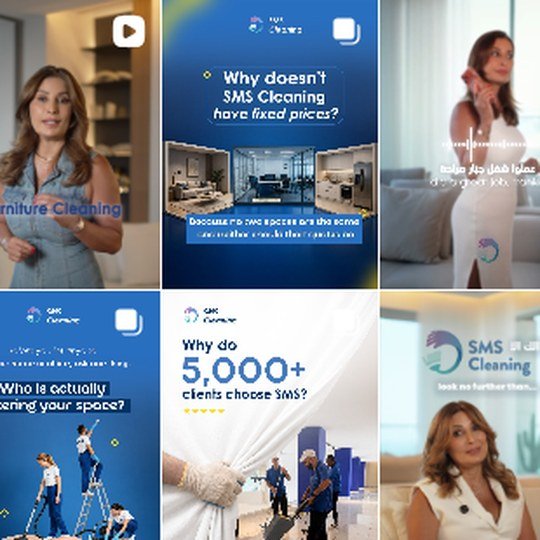 SMS Cleaning Instagram feed: reels and posts for a professional cleaning company in Lebanon, in blue and white